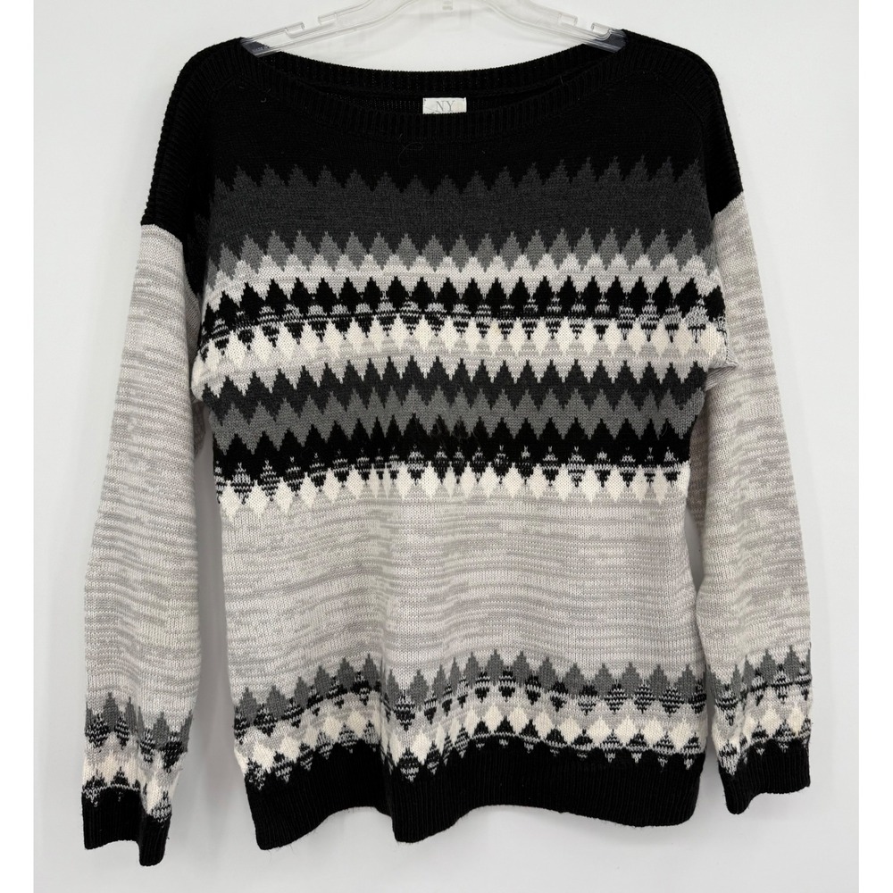 NY & Co Women Knit Pullover FairIsle Scoop Crewneck Sweater Preppy Winter Warm L
